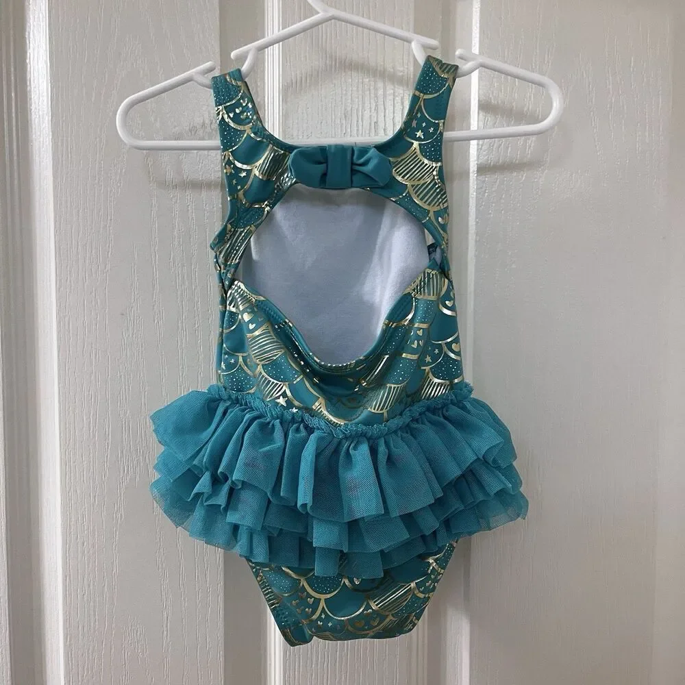 Cat & Jack Teal and Gold Mermaid Tulle Tutu One Piece Swimsuit Girls 12 Months